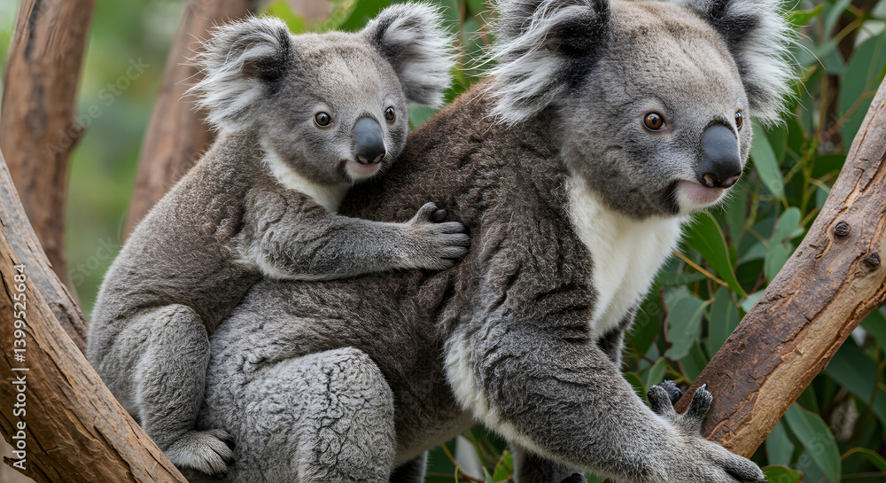 Naklejka premium Group of adorable Koalas clinging together on a tree branch, showcasing their fluffy grey fur and sleepy marsupial nature.
