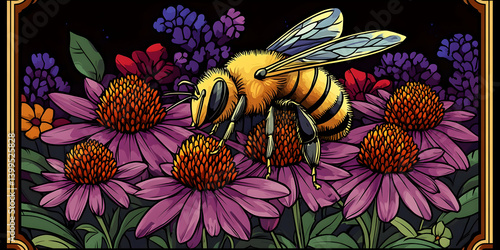 Close-up of a furry bee atop purple coneflowers vibrant red and blue florals in a decorative border