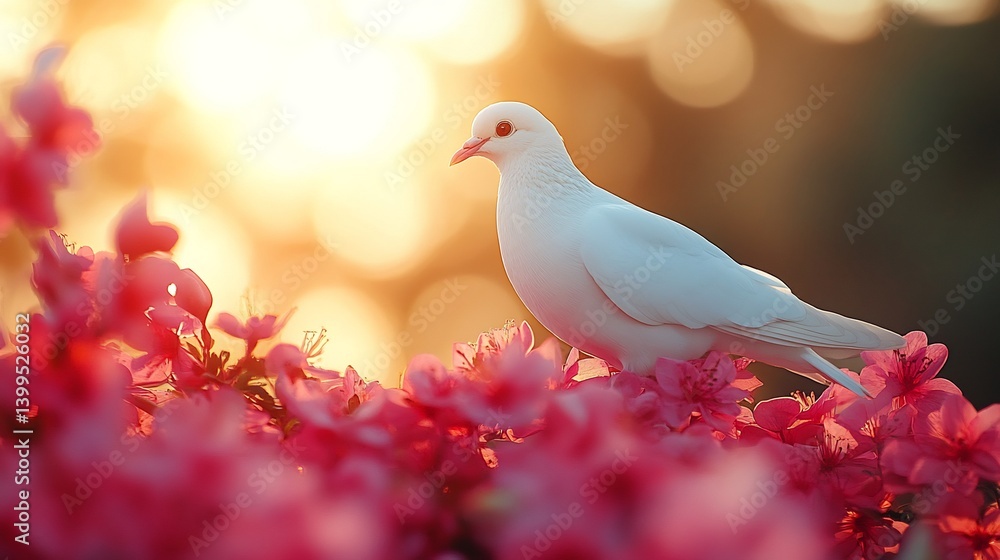Fototapeta premium Peaceful Dove in Pink Flowers Sunrise.