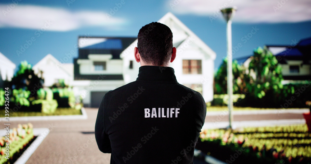 Hispanic Bailiff Man Standing In Front Of At House Entrance