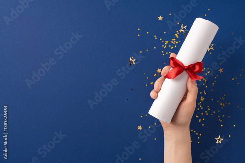 Obraz na płótnie A hand holds a rolled diploma tied with a red bow against a festive background f