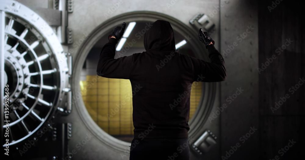 Bank Robber Celebration Success With Arms Raised Standing In Front