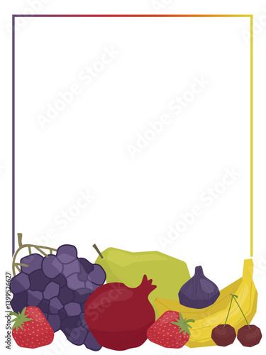 Vector illustration featuring a vibrant border of various fruits, including grapes, bananas, strawberries, and cherries. The design offers ample white space for text or art addition.