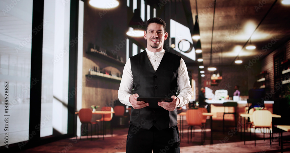Success In The Cafe: Latino Owner Using Tablet