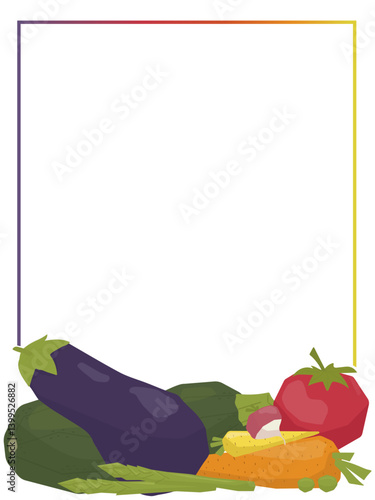 Colorful vector illustration of a vegetable border featuring eggplant, zucchini, tomato, corn, and more. Perfect for adding a fresh and vibrant look to design projects.