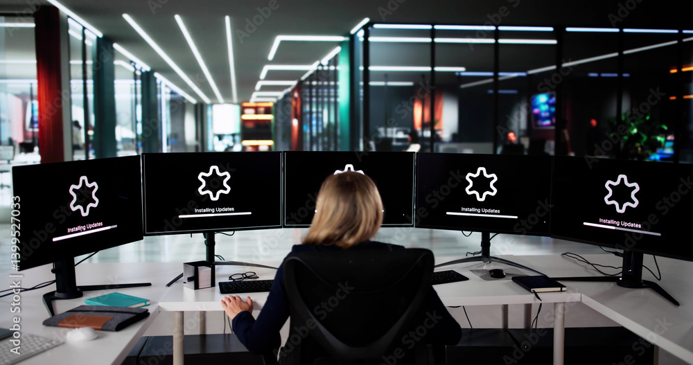 Frustrated Woman Installing Slow Computer Update Late Into The