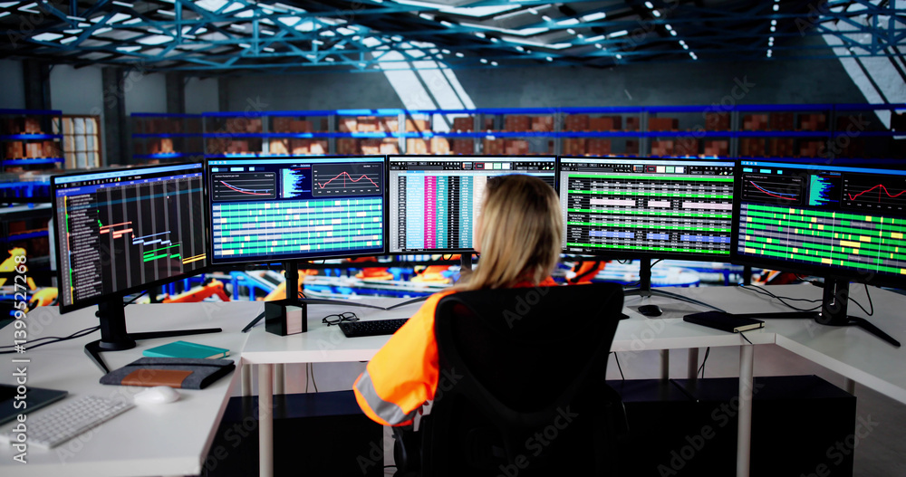 Female Warehouse Manager Using Computer To Track Shipments