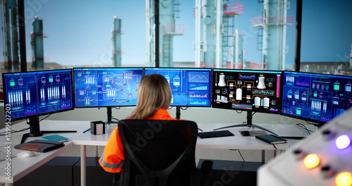 Obraz na płótnie Young Female Engineer Monitoring Oil And Gas Production w salonie