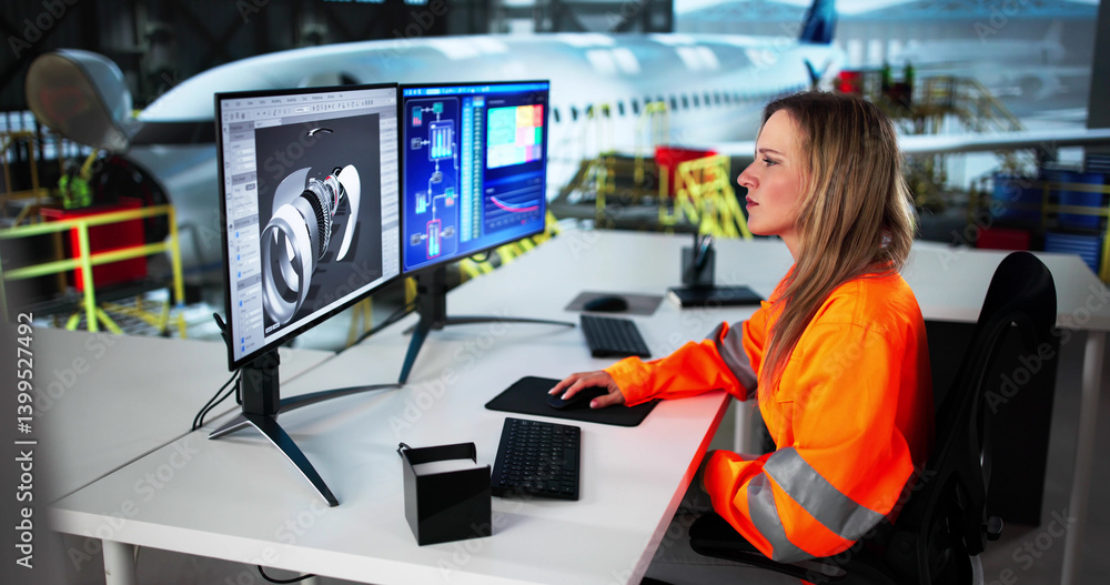 Skilled Woman Using 3D Software To Repair Aircraft