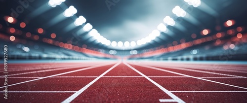 Red running track lanes converging towards blurred stadium.