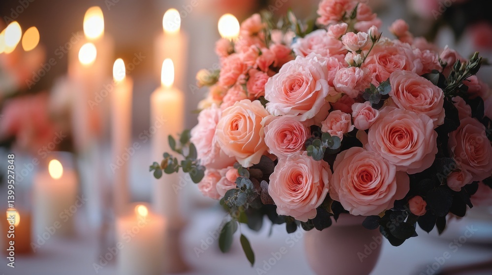 Obraz premium A stunning display of pink roses and delicate flowers is surrounded by glowing candles, creating a warm atmosphere for a romantic occasion in the evening.