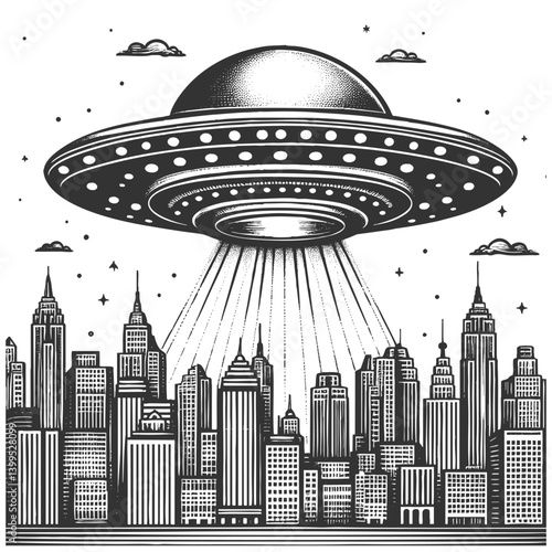 UFO hovering over a city, emitting bright beams of light in a dramatic scene sketch engraving generative ai vector illustration. Scratch board imitation. Black and white image.