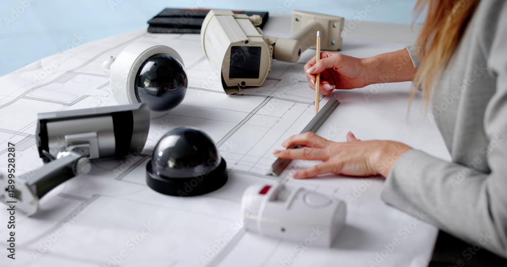 Architect Designing CCTV Security Alarm System With Blueprints