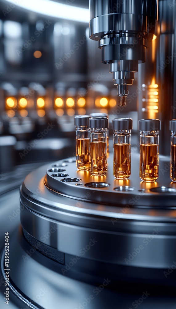 Automated Laboratory Equipment Filling Vials with Orange Liquid in Modern Pharmaceutical Production Facility Automated Laboratory Equipment Filling Vials with Orange Liquid in Modern Pharmaceutical Production Facility