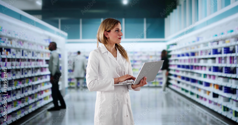 Female Pharmacist Counting Stock In Busy Pharmacy Store