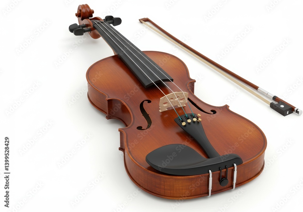 Fototapeta premium A brown violin with a bow lying next to it on a white background in a studio setting looking elegant