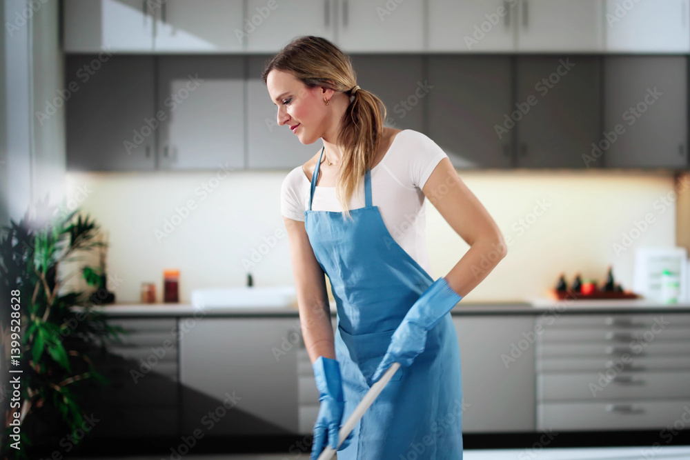 Professional Maid Cleans Kitchen Floor With Bucket