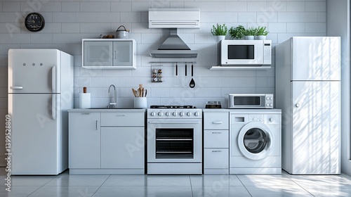 Modern kitchen interior with white appliances and minimalistic design in bright natural light