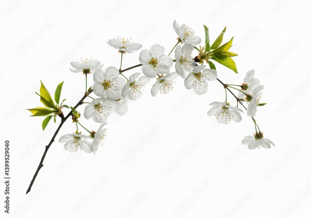 Fototapeta premium A branch with white blossoms and green leaves on a bright white background in a studio setting light