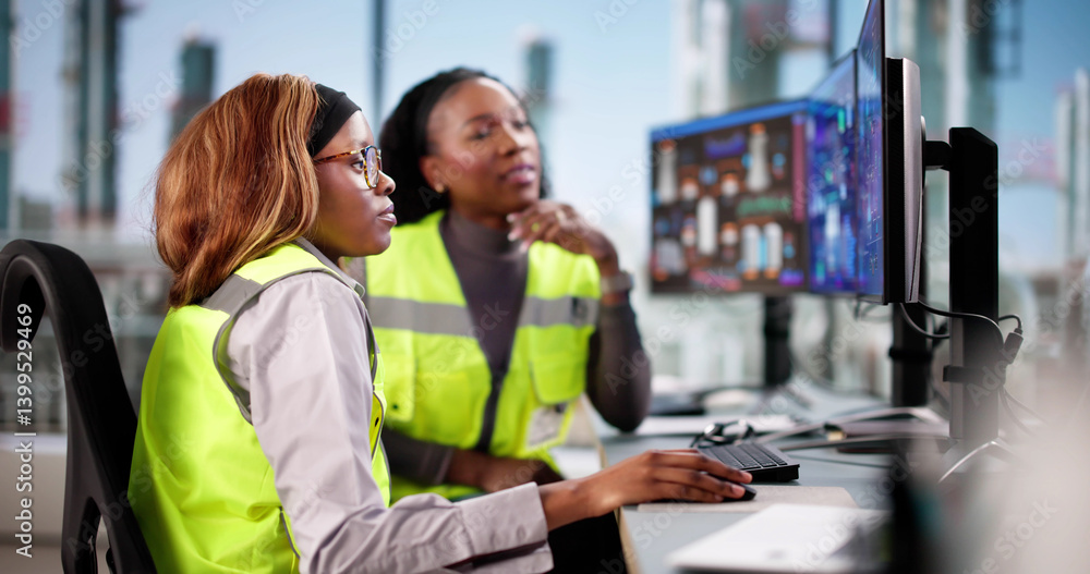 The African-American woman analyzes data on computers