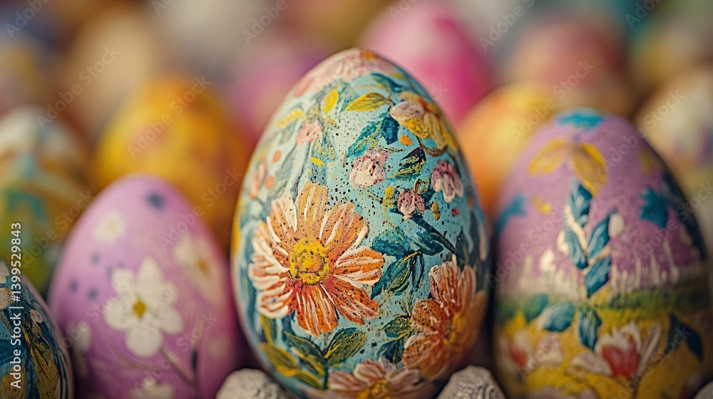 Close up Easter macro photography shot capturing the intricate details of painted Easter eggs in a festive spring holiday setting Close up Easter macro photography shot capturing the intricate details of painted Easter eggs in a festive spring holiday setting