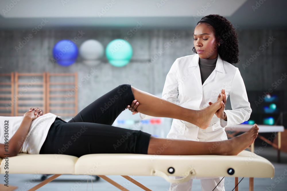 African-American woman undergoes therapeutic physiotherapy session