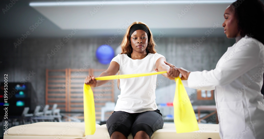 African American woman doing shoulder exercises with physiotherapy bands