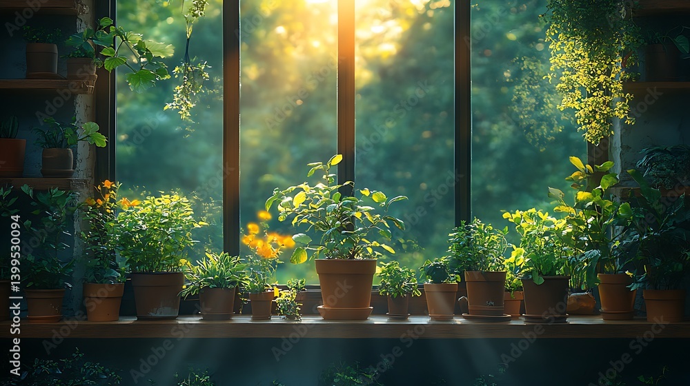 Serene indoor garden featuring various plants in pots placed on a windowsill bathed in sunlight, creating a natural oasis.
