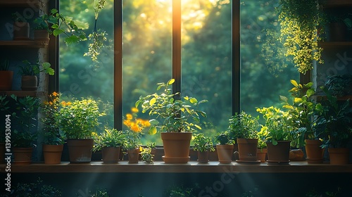 Obraz na płótnie Serene indoor garden featuring various plants in pots placed on a windowsill bathed in sunlight, creating a natural oasis. w salonie