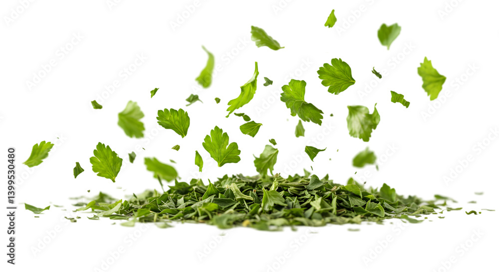 dry parsley leaves flying, isolated on white, dry parsley leaves flying, isolated on white,
