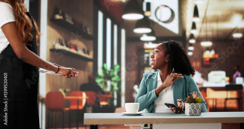 Frustrated woman argues over poor restaurant service mistake