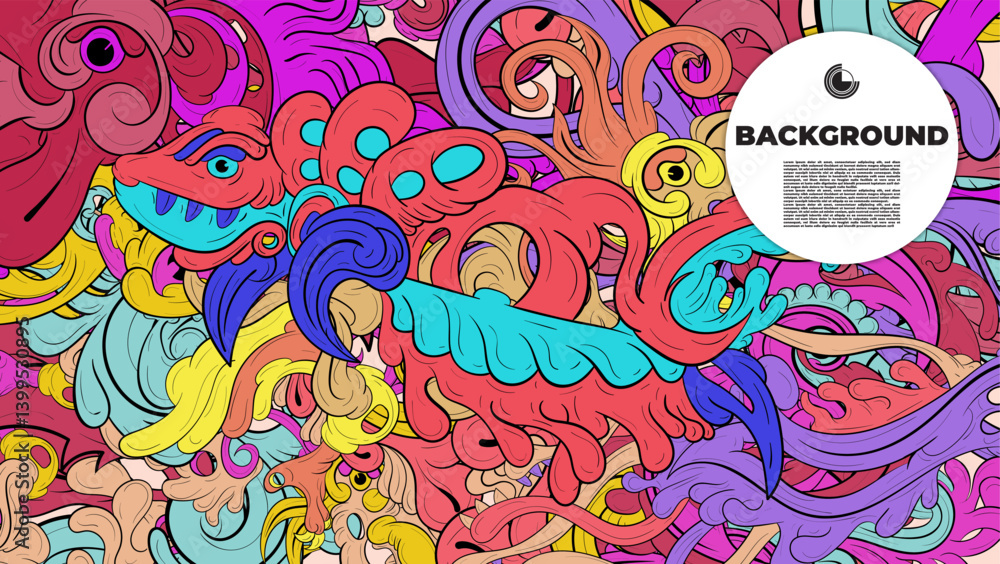 Playful Cartoon Monster Character with Tentacles, Eyes, Feathers, and Leaves – Fun Fantasy Wallpaper Design Playful Cartoon Monster Character with Tentacles, Eyes, Feathers, and Leaves – Fun Fantasy Wallpaper Design