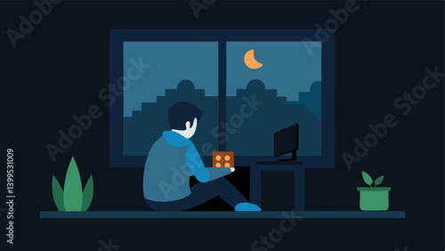 Lonely Gamer An individual sitting in a darkened room playing video games while outside the window friends are laughing and playing together showing the isolation of excessive