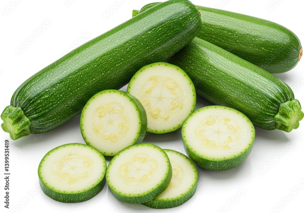 A group of fresh green zucchini, some whole and some sliced, displayed on a white surface clearly visible A group of fresh green zucchini, some whole and some sliced, displayed on a white surface clearly visible
