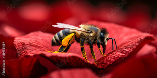 Detailed close-up of a furry bee covered in yellow pollen sitting atop a vibrant red flower