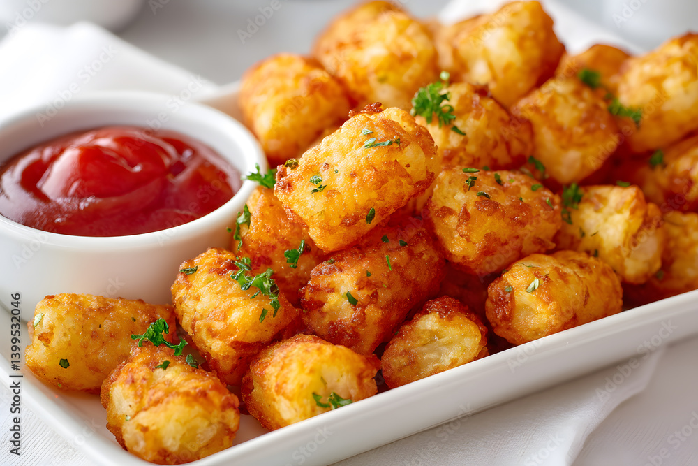 Crispy Tater Tots with Ketchup on a White Plate Crispy Tater Tots with Ketchup on a White Plate