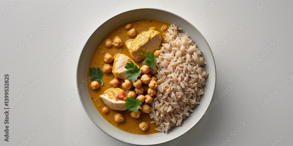 Chicken and Chickpea Curry with Brown Rice A Top Down View. Chicken and Chickpea Curry with Brown Rice A Top Down View.