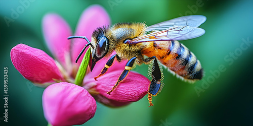 Detailed image of a bee on pink flower with intricate details of bee anatomy and floral structures