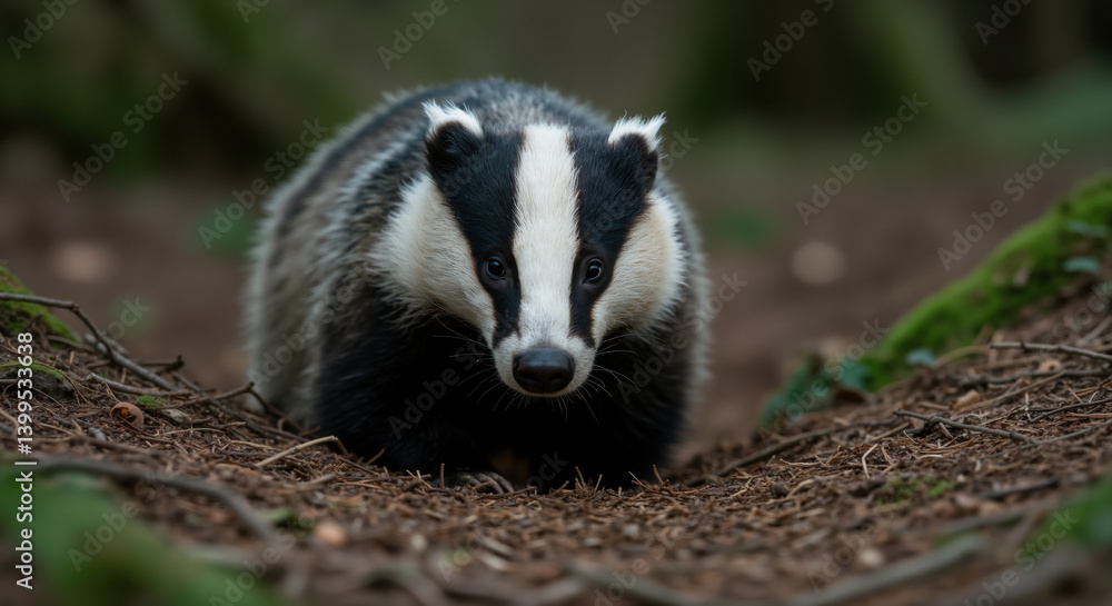 European badger with distinctive black and white striped face walking on forest floor. Wildlife in natural habitat for nature conservation and environmental protection awareness European badger with distinctive black and white striped face walking on forest floor. Wildlife in natural habitat for nature conservation and environmental protection awareness