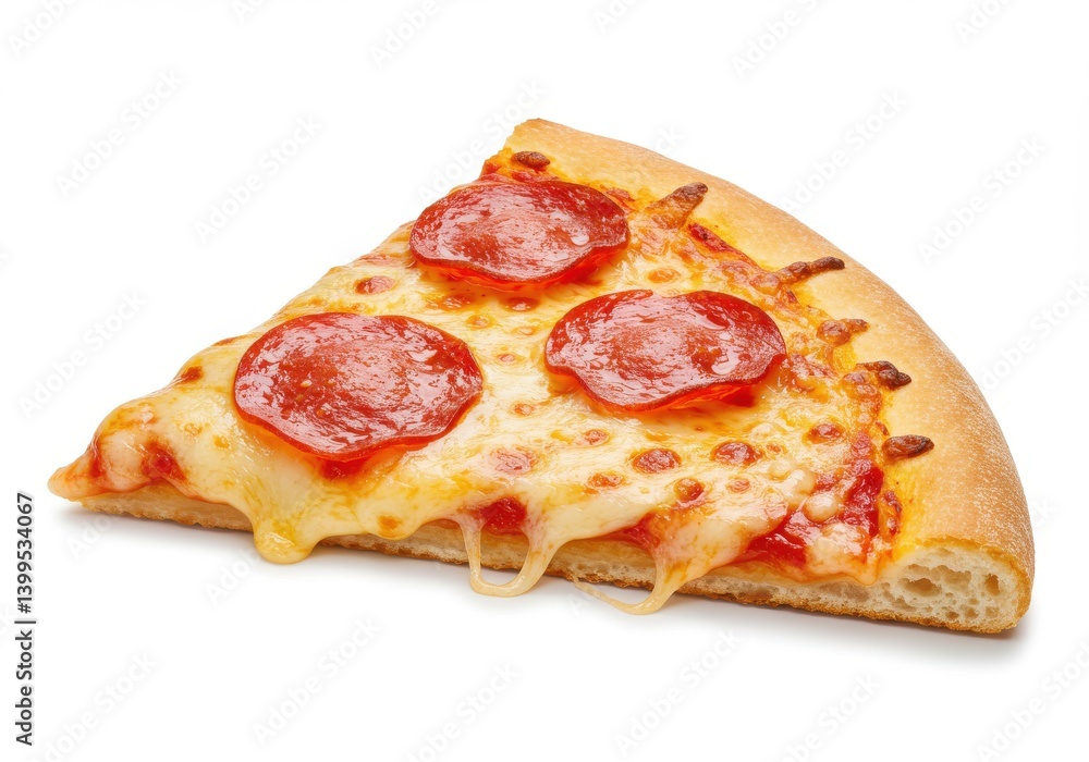 A single slice of pepperoni pizza with melted cheese on a white background in a studio shot A single slice of pepperoni pizza with melted cheese on a white background in a studio shot