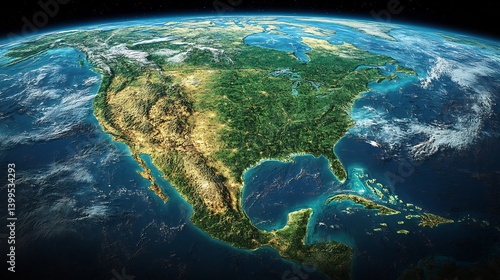 North America Satellite Image with Detailed Terrain.