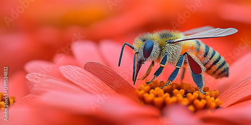 Detailed photo of a fuzzy bee resting on a red flower and gathering pollen from the yellow center