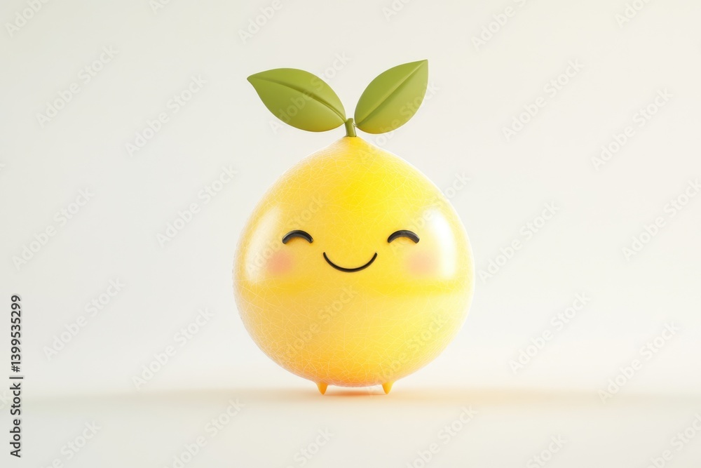 A cute, smiling 3D lemon character with small legs and leaves on top. A cute, smiling 3D lemon character with small legs and leaves on top.