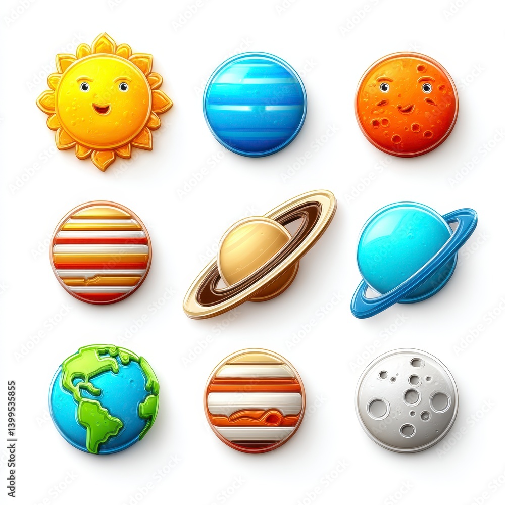 Fototapeta premium Colorful Cartoon Planets and Sun Illustration