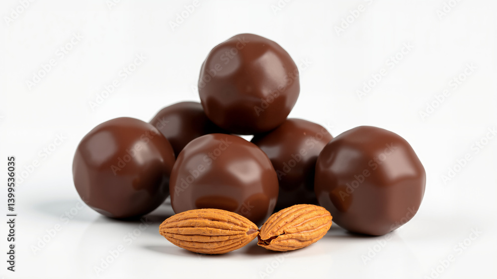 Chocolate balls with almond isolated on white background, 3d illustration. Chocolate balls with almond isolated on white background, 3d illustration.