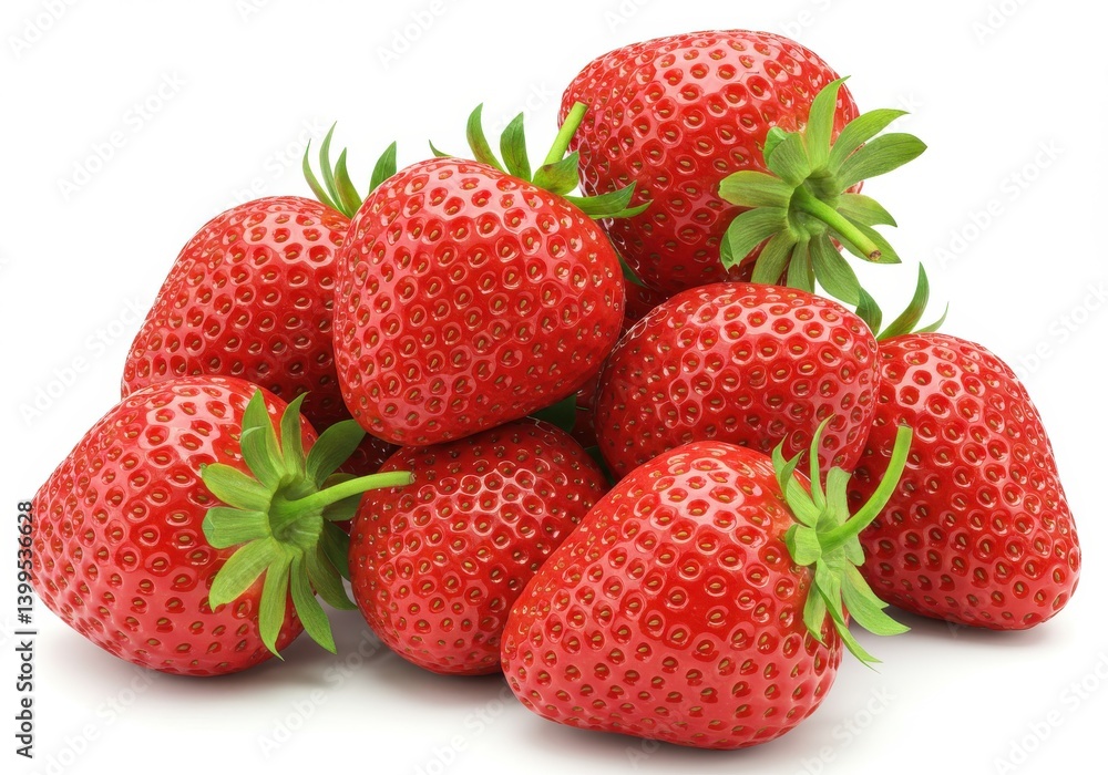 A close up view of a pile of fresh strawberries with green stems on a white background surface view