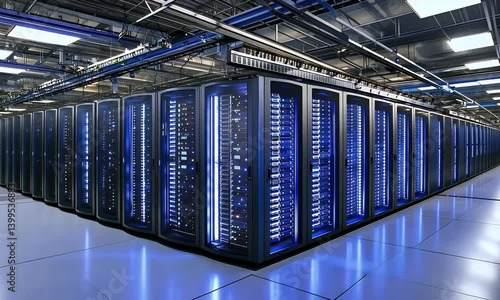 High-tech data center with glowing server racks, blue ambient lighting, and network cabling. Modern cloud computing infrastructure concept.