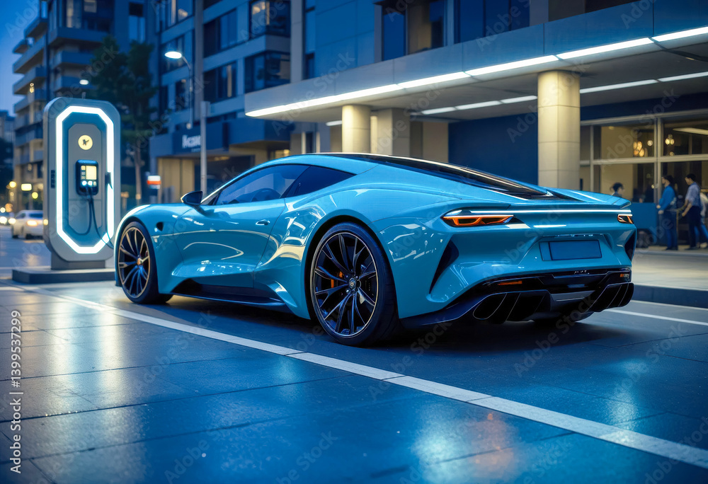 Sleek electric sports car charging at night city backdrop vibrant blue hue Sleek electric sports car charging at night city backdrop vibrant blue hue