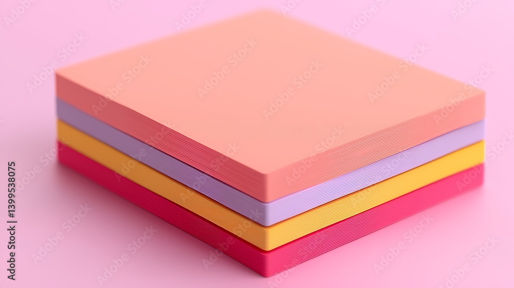 Stack of Colorful Paper Sheets on Pink Background, Close-Up of Simple Stationery for Notes.