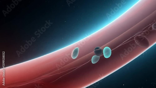 The camera pans and tilts to display various metabolites and amino acids traveling through a blood vessel, with shifting shadows and dynamic texture